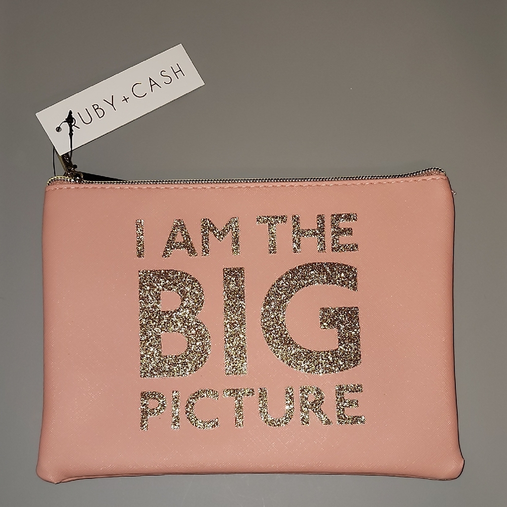 Ruby + Cash Pink Makeup Pouch with Gold Glitter Text NWT NBT
